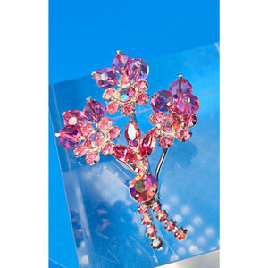 Vintage Pink Rhinestone Floral Spray Brooch Aurora Borealis Statement Pin MCM